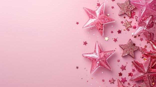 Foto stelle rosa festive e confetti su uno sfondo rosa chiaro