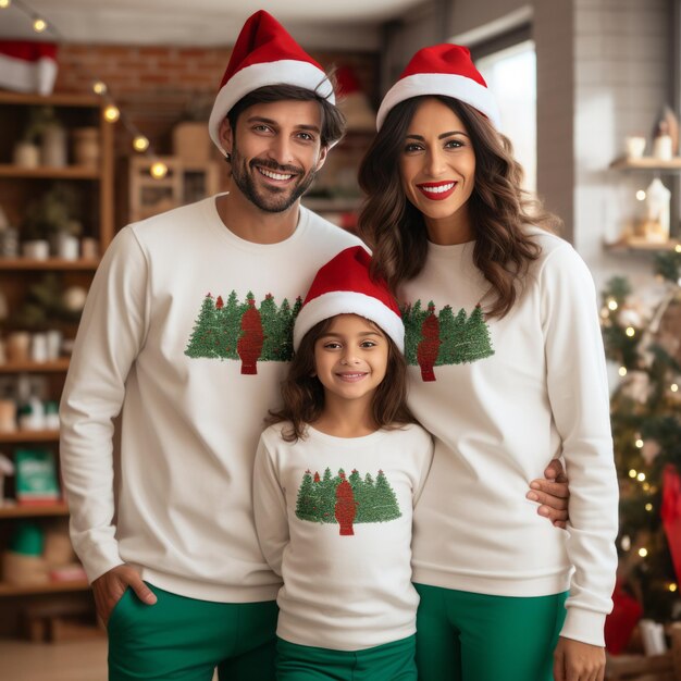 白いクルーネックのスウェットシャツとクリスマスの帽子を合わせたスペインの家族の祝祭的な肖像画