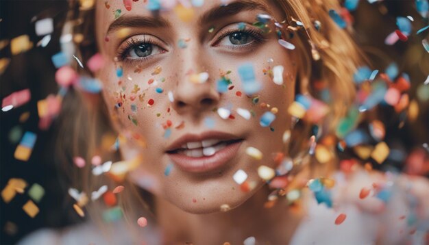 Foto festive portrait of stylish woman with colorful confetti