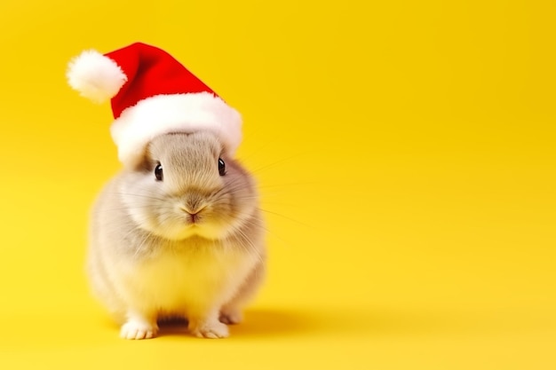 Festive rabbit in santa claus outfit on yellow background