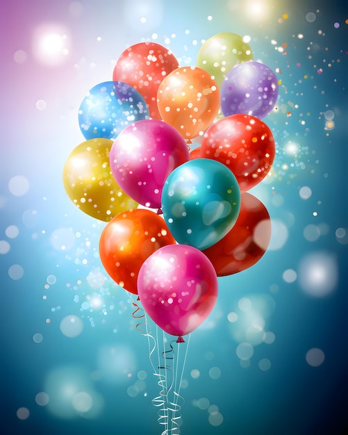 色の背景の祝賀テーマに彩虹のネオン色の気球とコンフェッティ