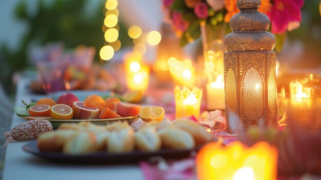 Festive Ramadan Feast With Plates of Food and Lit Candles