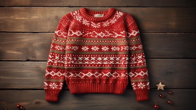 사진 나무판 배경의 축제 빨간 크리스마스 스웨터 ai 생성 콘텐츠
