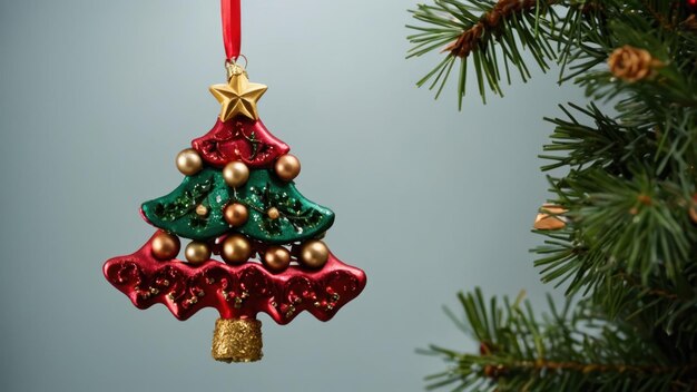 Photo a festive red and green christmas tree ornament on an evergreen branch with lights
