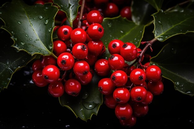 Festive Red holly berries branch with green leaves Generate ai