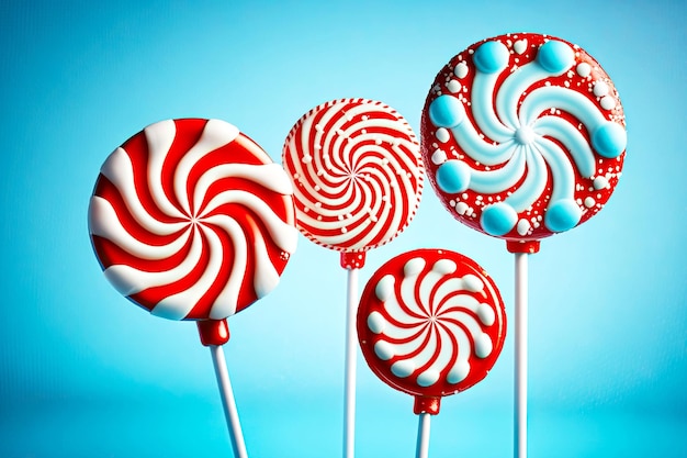 Festive red and white christmas lollipops on blue background with snow flakes generative ai