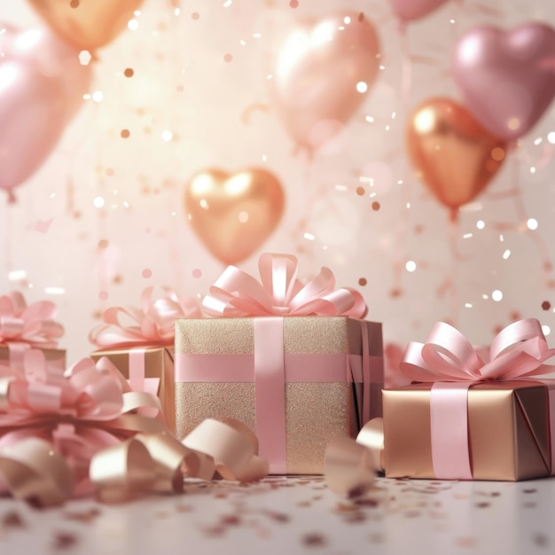Праздничная романтическая сцена с розовыми шариками в форме сердца и конфетти и подарочными коробками Ai Generated