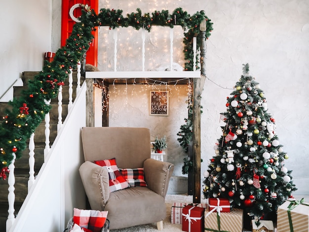 Festive room interior decorated for Christmas and New Year