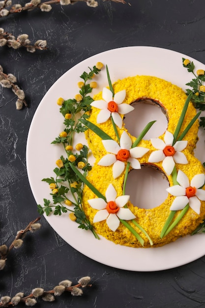 Festive salad on form of shaped eight, International Women's Day, Top view on dark surface, Closeup