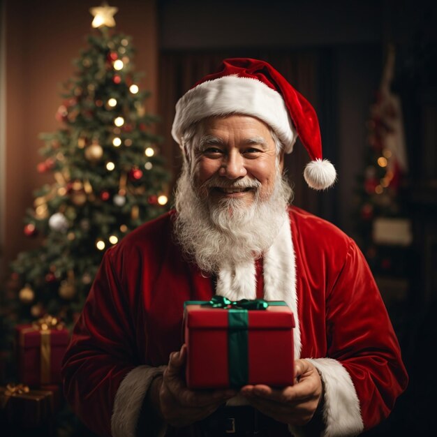 Photo festive santa claus with a joyful expression holding a gift in the center of his hand surrounded by a blurred background adorned with various christmas items