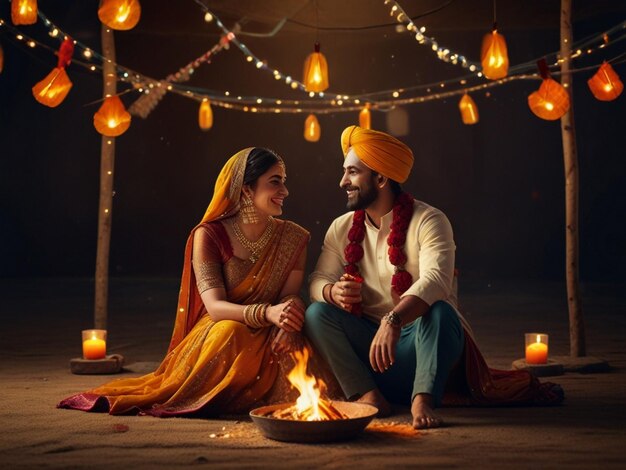 Photo festive scene celebrating the festival of lohri with a man and a woman round shape