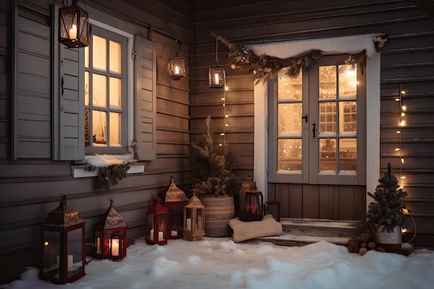 Праздничная сцена с фонарями, венками и чулками, висящими в окне уютного коттеджа