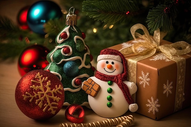 Festive scene with a snowman Christmas tree and gifts Generative AI