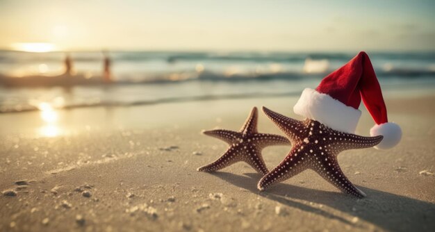 Foto un momento festivo al mare con la stella di mare e il cappello di babbo natale