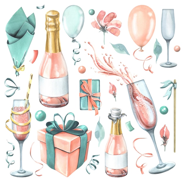 Festive set with blue gifts pink champagne in bottles and glasses balloons and confetti Watercolor illustration hand drawn Isolated objects on a white background Clip art