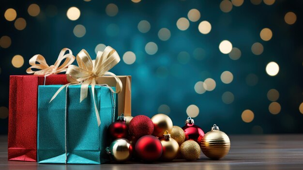 축제 의 쇼핑 가방 과 크리스마스 장식품 이 칠색 배경 에