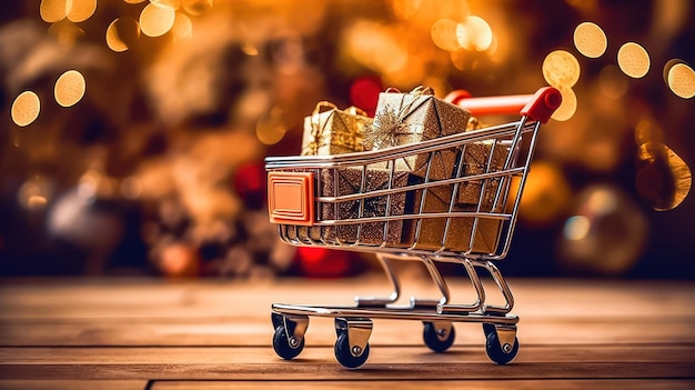 Festive Shopping GiftFilled Trolley on Bokeh Background Generative AI