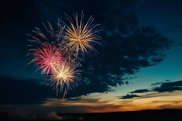 Festive sky with fireworks and American flag Independence Day