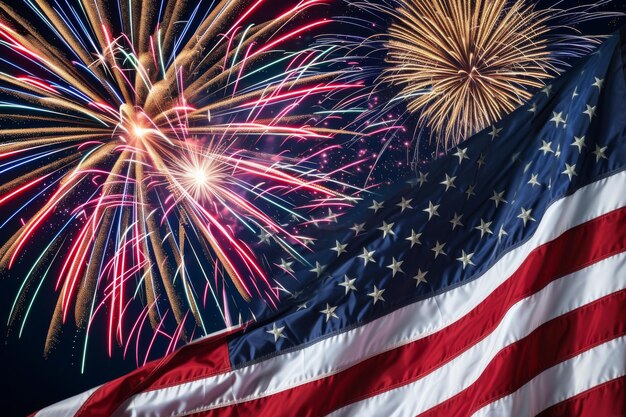 Photo festive sky with fireworks and american flag independence day