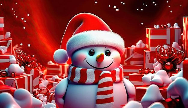 Festive Snowman with Santa Hat and Gift Boxes Generative AI