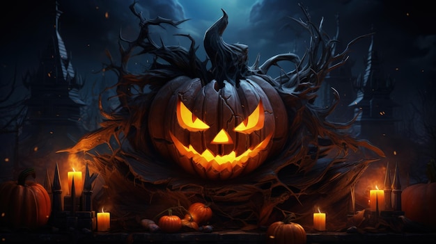 Festive And Spooky Spirit Of Halloween Pumpkin Dark Background Generative AI