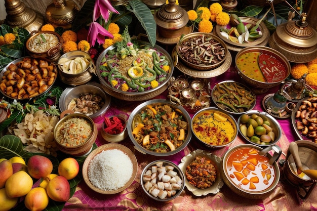 A festive spread of traditional Ugadi dishes in vibrant setup