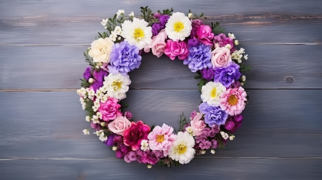 A festive spring wreath made of colorful flowers and greenery on a wooden background