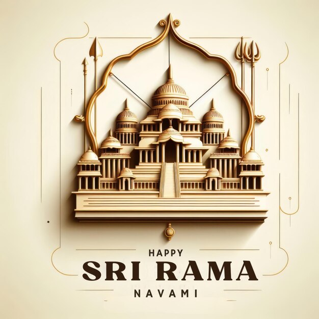 Photo festive sri rama navami celebration 3d illustration of lord rama with bow and temple background