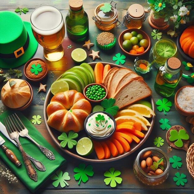 A festive St Patrick s Day feast with beer green hat and a colorful spread of food on a wooden table