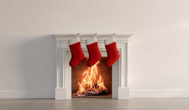 Festive stocking hanging from a fireplace at Christmas 3D Rendering