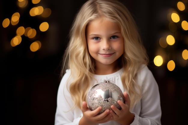 輝くボールを握る陽気な金の子供の祭りのスタジオの肖像画