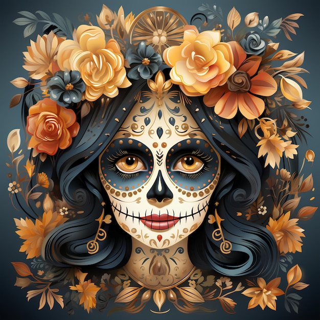 Festive Sugar Skull Illustration Woman and Vibrant Flowers