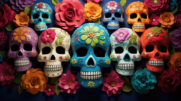 Foto teschi di zucchero festivi decorati con fiori banner per la tradizionale festa messicana giorno dei morti composizione del dia de los muertos