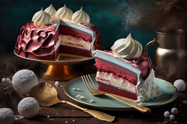 Festive sweet dessert red velvet cake with cream and homemade meringue created with generative ai