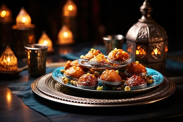 Festive sweets dry fruits for Ramadan Islamic Muslim religious event Mosque dome background