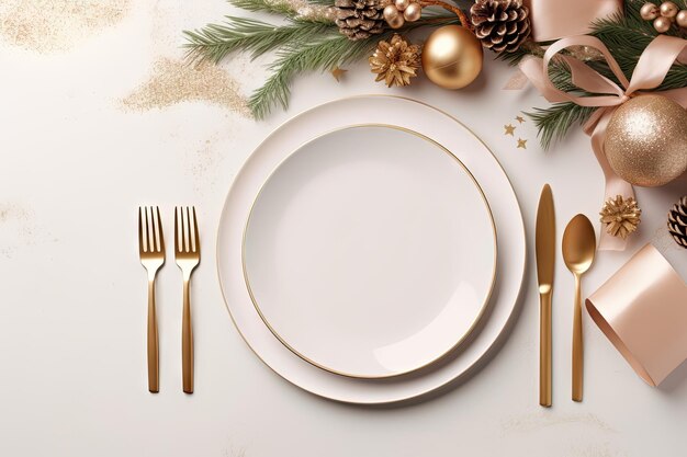 Festive table arrangement for special occasions with gold cutlery and plate Card and menu mockup top