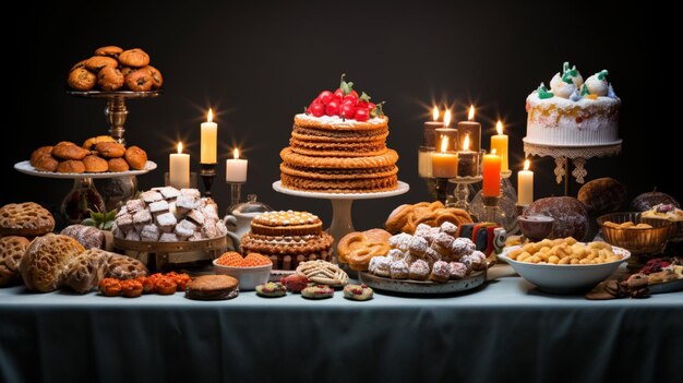 a festive table of baked goods in various shapes and color