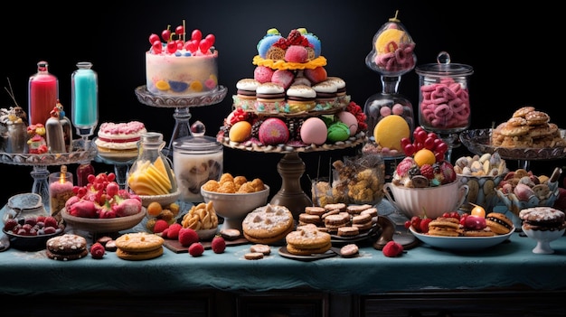 Photo a festive table of baked goods in various shapes and color