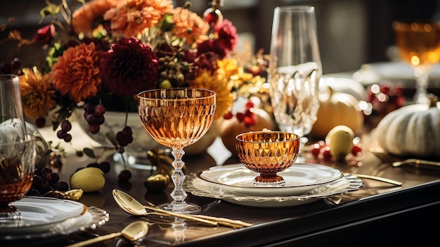 Festive table decorated for Thansgiving dinner holiday concept