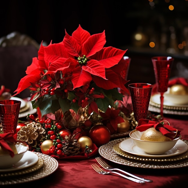 festive table decoration with a centerpiece of poinsettias and holidaythemed dishes