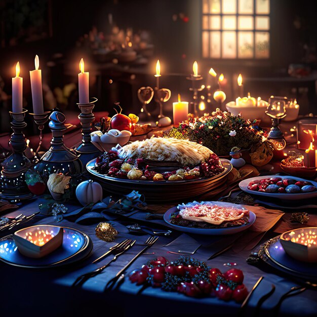 Foto tavolo festivo pieno di deliziosi cibi per il ringraziamento come pollo, purè di patate e torta