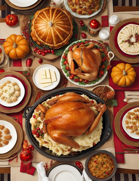 Праздничный стол, полный вкусной еды на День Благодарения, такой как индейка, картофельное пюре и пирог