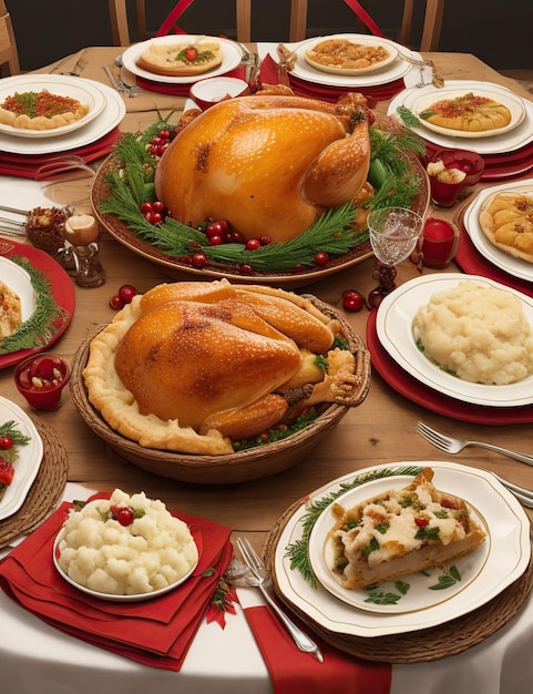 Праздничный стол, полный вкусной еды на День Благодарения, такой как индейка, картофельное пюре и пирог