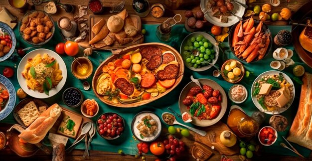 Photo festive table many dishes from different countries of the world ai generated image