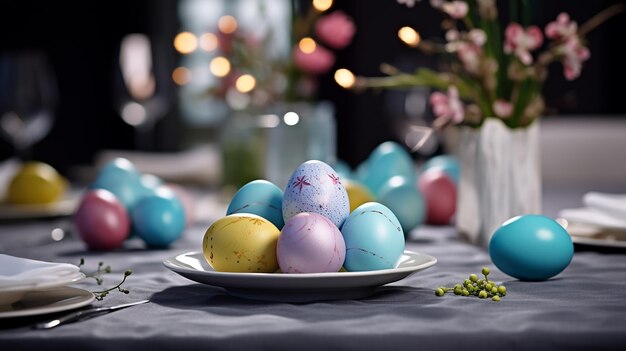 Праздничная сервировка стола с украшением цветными пасхальными яйцами