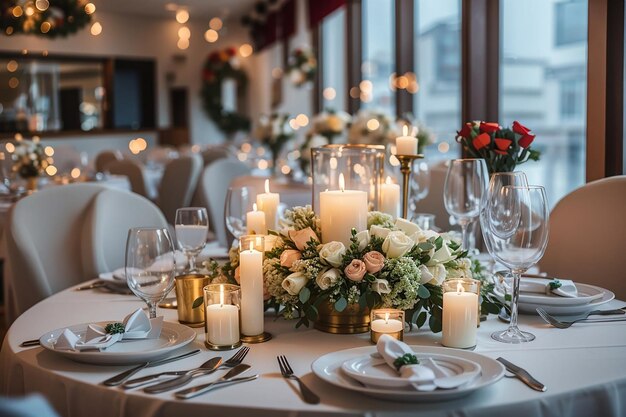 The festive table at the restaurant is decorated with candles and flowers