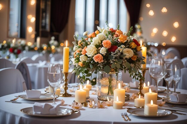 Праздничный стол в ресторане украшен свечами и цветами.