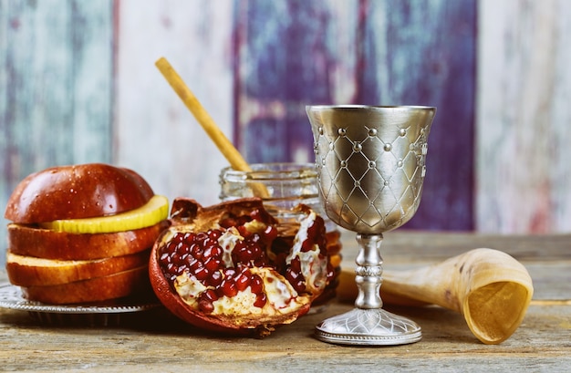 On the festive table in the Rosh Hashanah celebration Jewish New Year Holiday