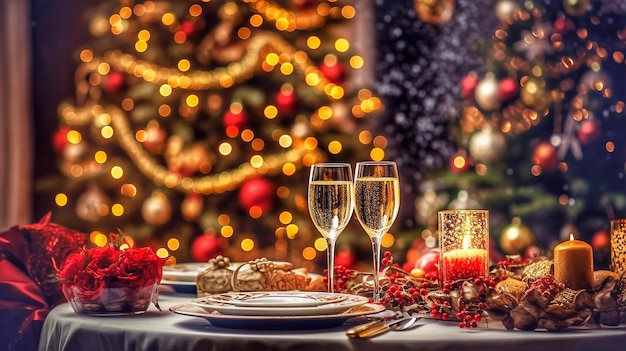 Festive table setting for Christmas dinner in a cozy home interior