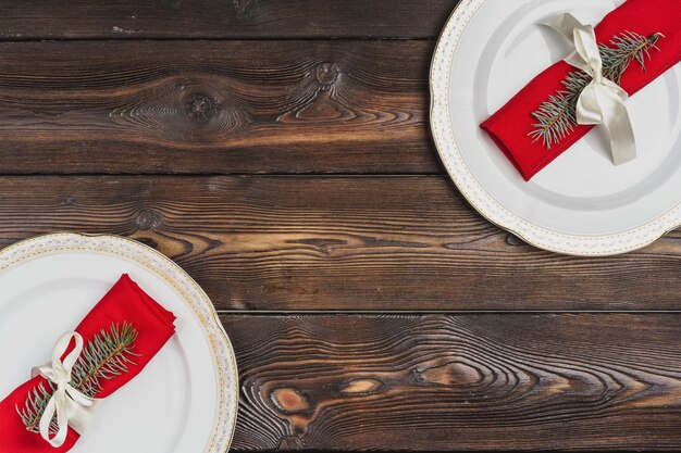 Festive table setting for christmas dinner top view